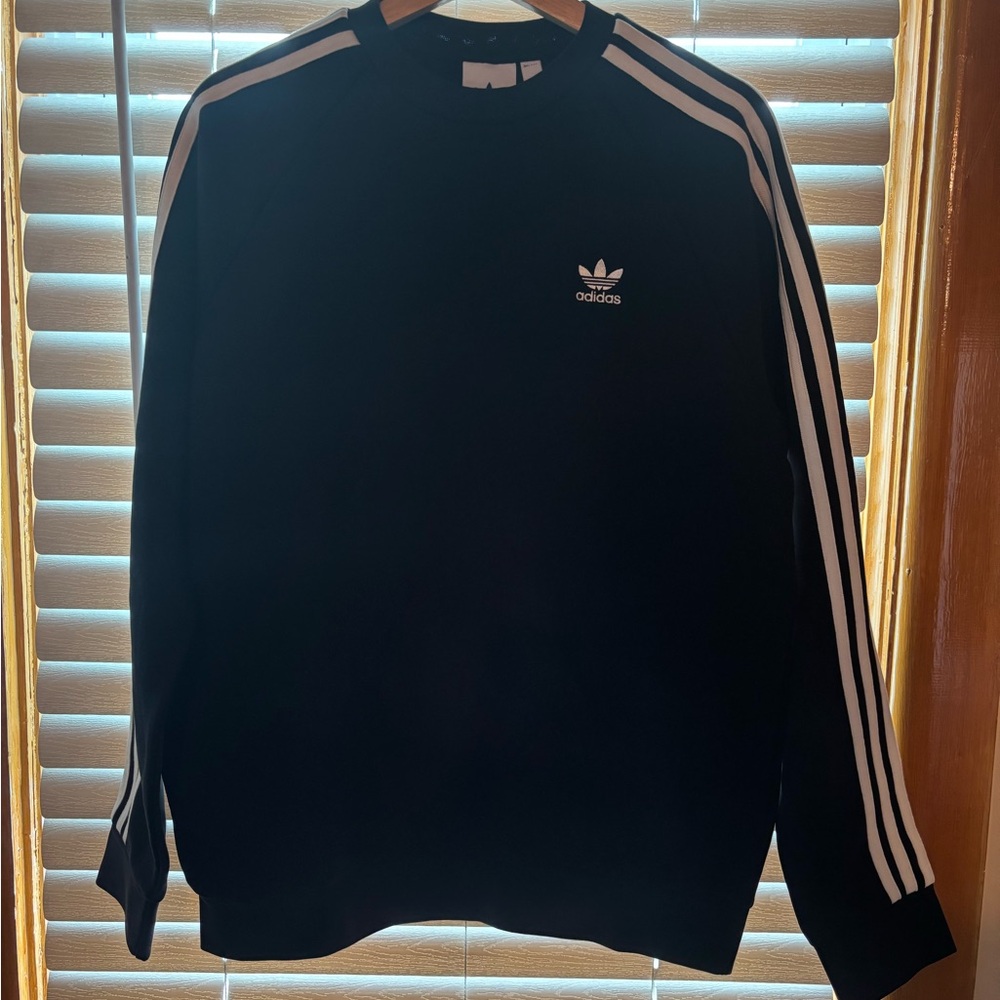 Adidas Originals Men's Black Crewneck Sweater with White Stripes